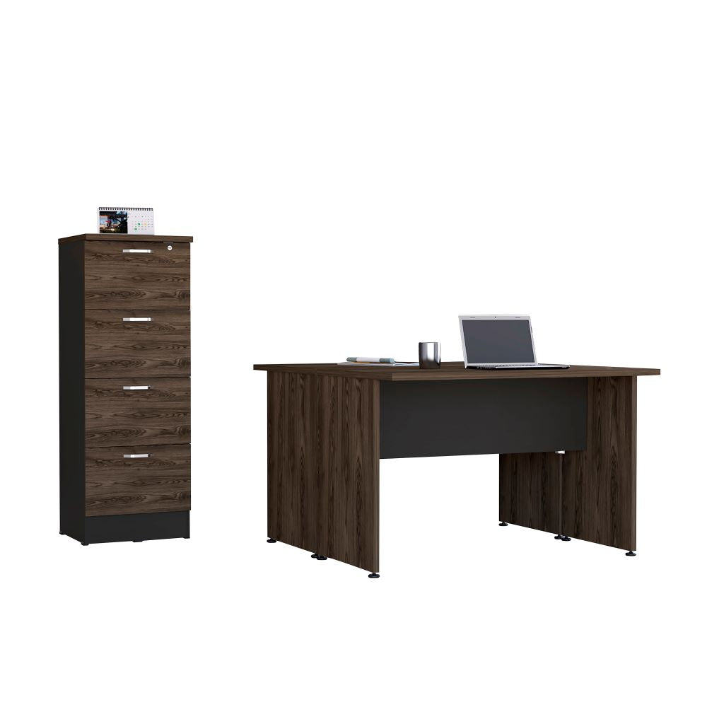 Mesa Escritorio Doble + Archivador 4C Alto Home Office Color Negro Soft y Coñac Para Oficina